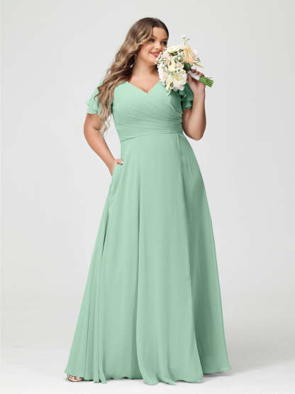 Plus Size Chiffon Bridesmaid Dress with Pockets and Side Split - A-Line Princess V-Neck Short Sleeves-BMbridal.UK