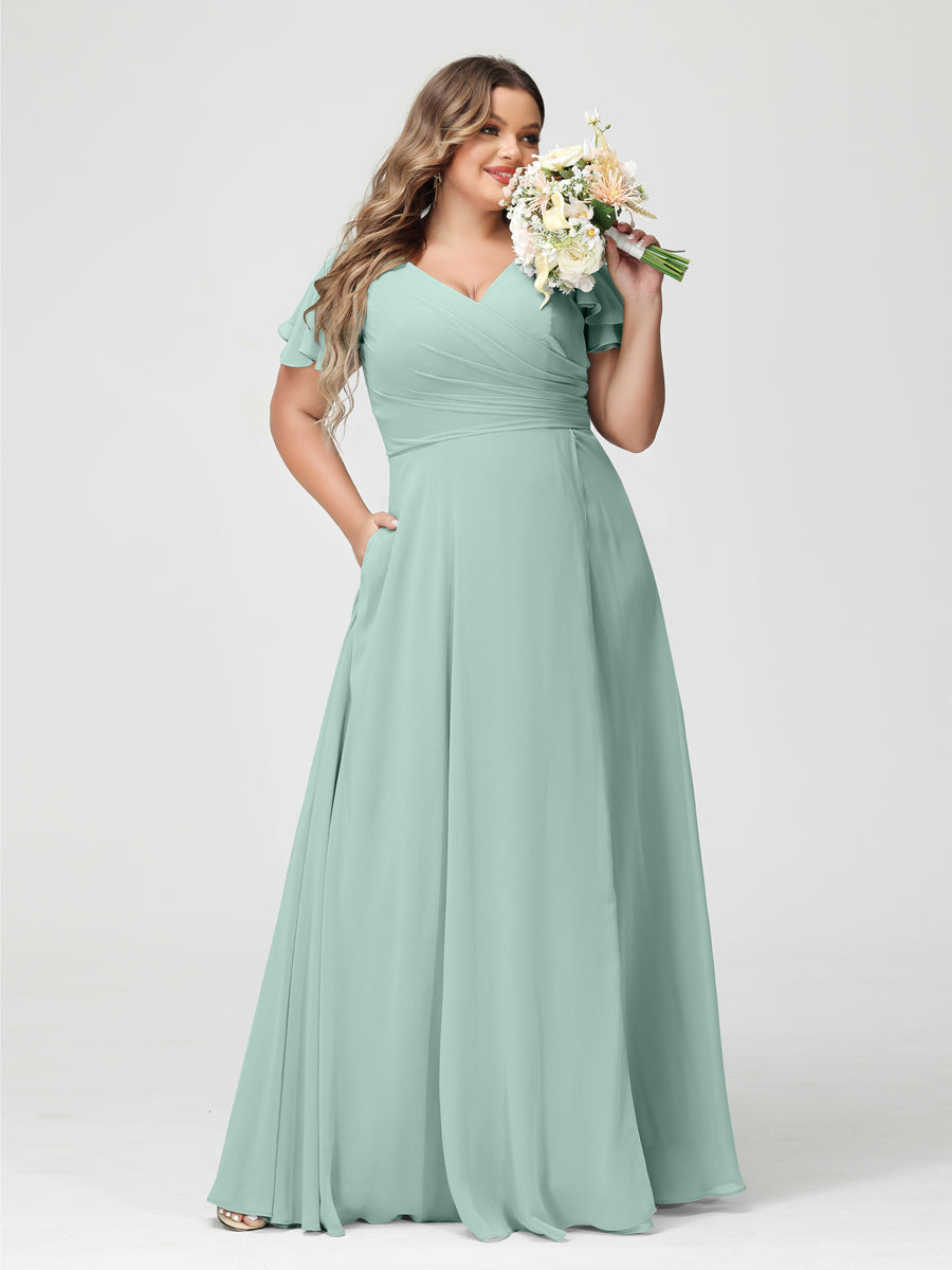 Plus Size Chiffon Bridesmaid Dress with Pockets and Side Split - A-Line Princess V-Neck Short Sleeves-BMbridal.UK