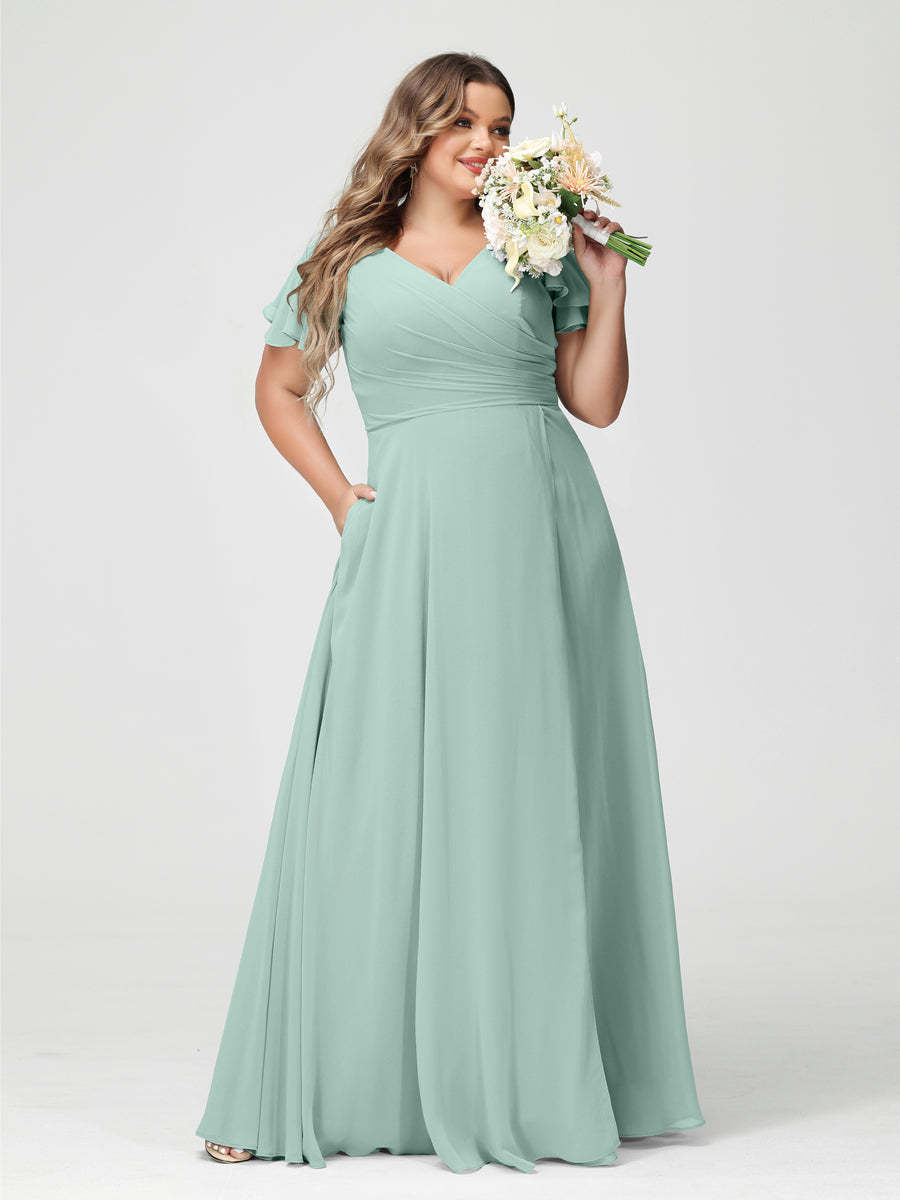 Plus Size Chiffon Bridesmaid Dress with Pockets and Side Split - A-Line Princess V-Neck Short Sleeves-BMbridal.UK