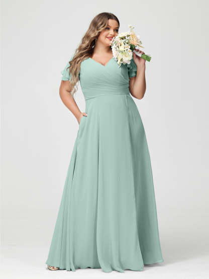 Plus Size Chiffon Bridesmaid Dress with Pockets and Side Split - A-Line Princess V-Neck Short Sleeves-BMbridal.UK