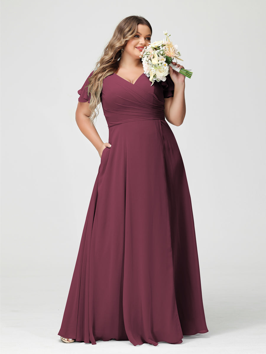 Plus Size Chiffon Bridesmaid Dress with Pockets and Side Split - A-Line Princess V-Neck Short Sleeves-BMbridal.UK