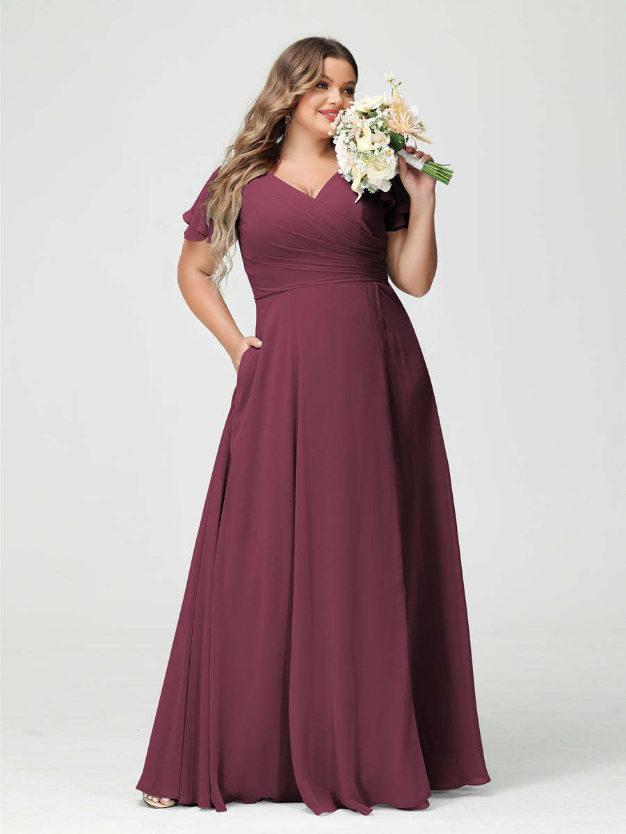 Plus Size Chiffon Bridesmaid Dress with Pockets and Side Split - A-Line Princess V-Neck Short Sleeves-BMbridal.UK