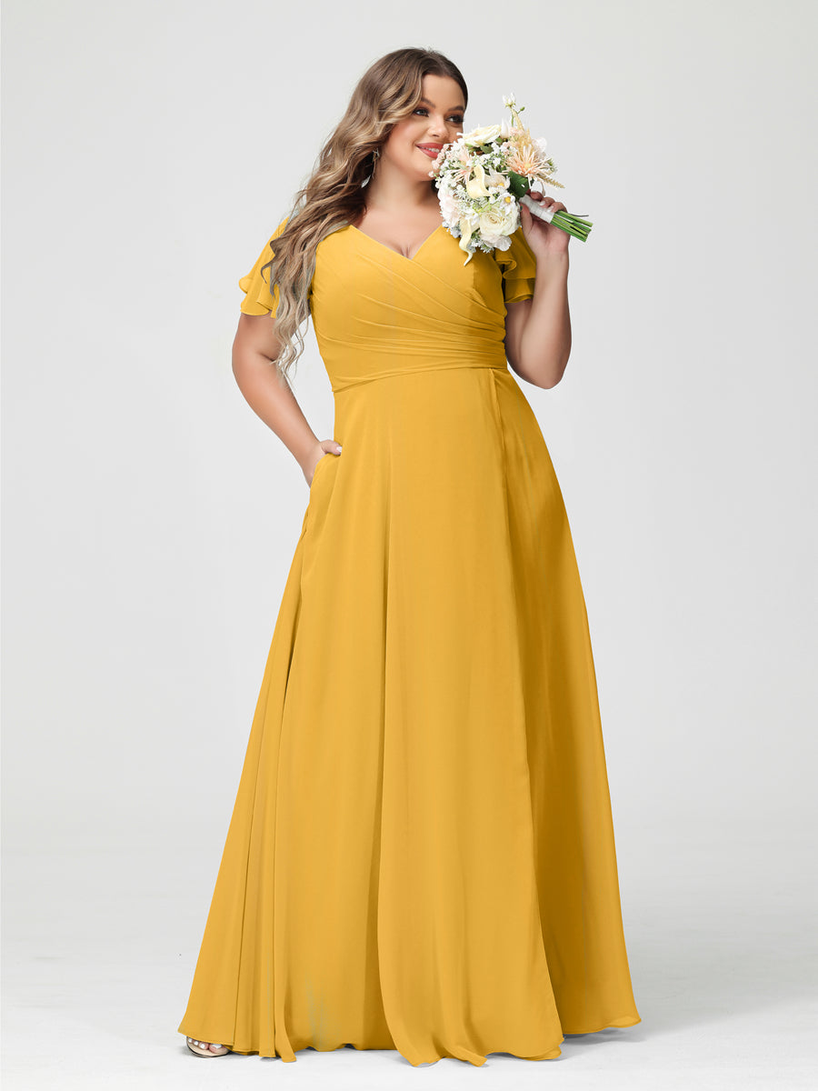 Plus Size Chiffon Bridesmaid Dress with Pockets and Side Split - A-Line Princess V-Neck Short Sleeves-BMbridal.UK