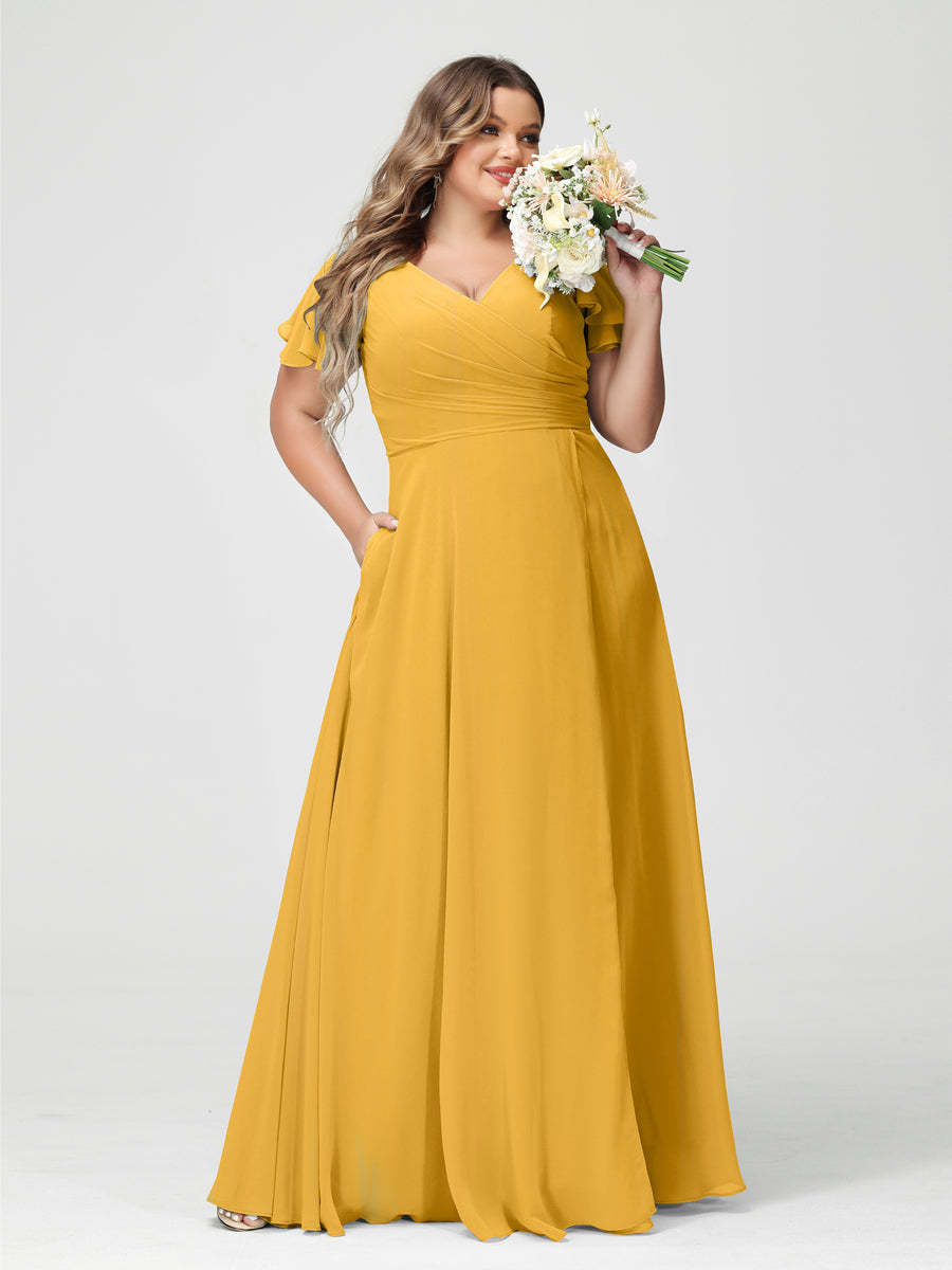 Plus Size Chiffon Bridesmaid Dress with Pockets and Side Split - A-Line Princess V-Neck Short Sleeves-BMbridal.UK