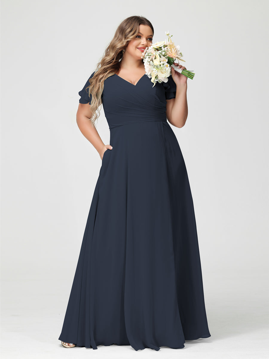 Plus Size Chiffon Bridesmaid Dress with Pockets and Side Split - A-Line Princess V-Neck Short Sleeves-BMbridal.UK