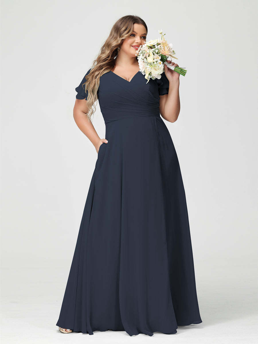 Plus Size Chiffon Bridesmaid Dress with Pockets and Side Split - A-Line Princess V-Neck Short Sleeves-BMbridal.UK