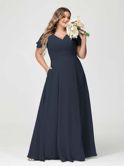 Plus Size Chiffon Bridesmaid Dress with Pockets and Side Split - A-Line Princess V-Neck Short Sleeves-BMbridal.UK
