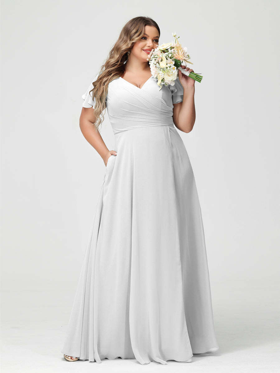 Plus Size Chiffon Bridesmaid Dress with Pockets and Side Split - A-Line Princess V-Neck Short Sleeves-BMbridal.UK