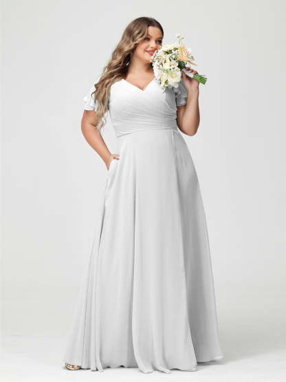 Plus Size Chiffon Bridesmaid Dress with Pockets and Side Split - A-Line Princess V-Neck Short Sleeves-BMbridal.UK