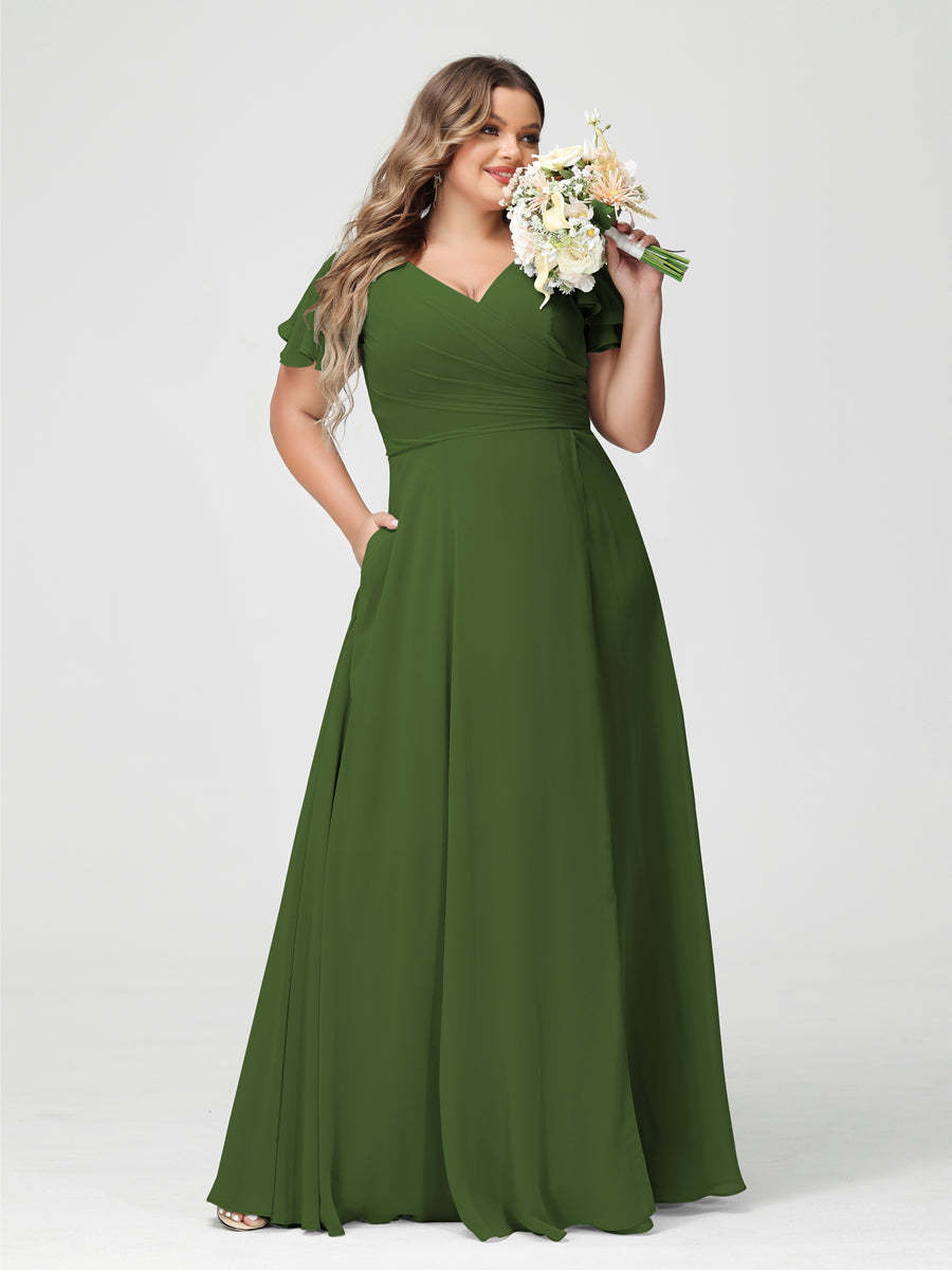 Plus Size Chiffon Bridesmaid Dress with Pockets and Side Split - A-Line Princess V-Neck Short Sleeves-BMbridal.UK