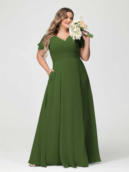 Plus Size Chiffon Bridesmaid Dress with Pockets and Side Split - A-Line Princess V-Neck Short Sleeves-BMbridal.UK