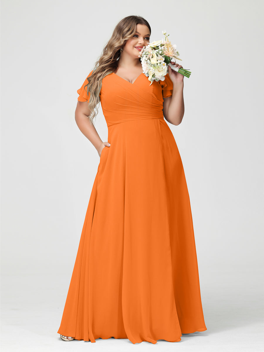 Plus Size Chiffon Bridesmaid Dress with Pockets and Side Split - A-Line Princess V-Neck Short Sleeves-BMbridal.UK