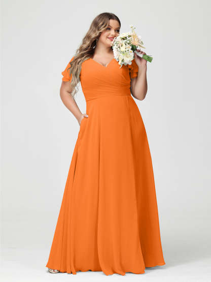 Plus Size Chiffon Bridesmaid Dress with Pockets and Side Split - A-Line Princess V-Neck Short Sleeves-BMbridal.UK