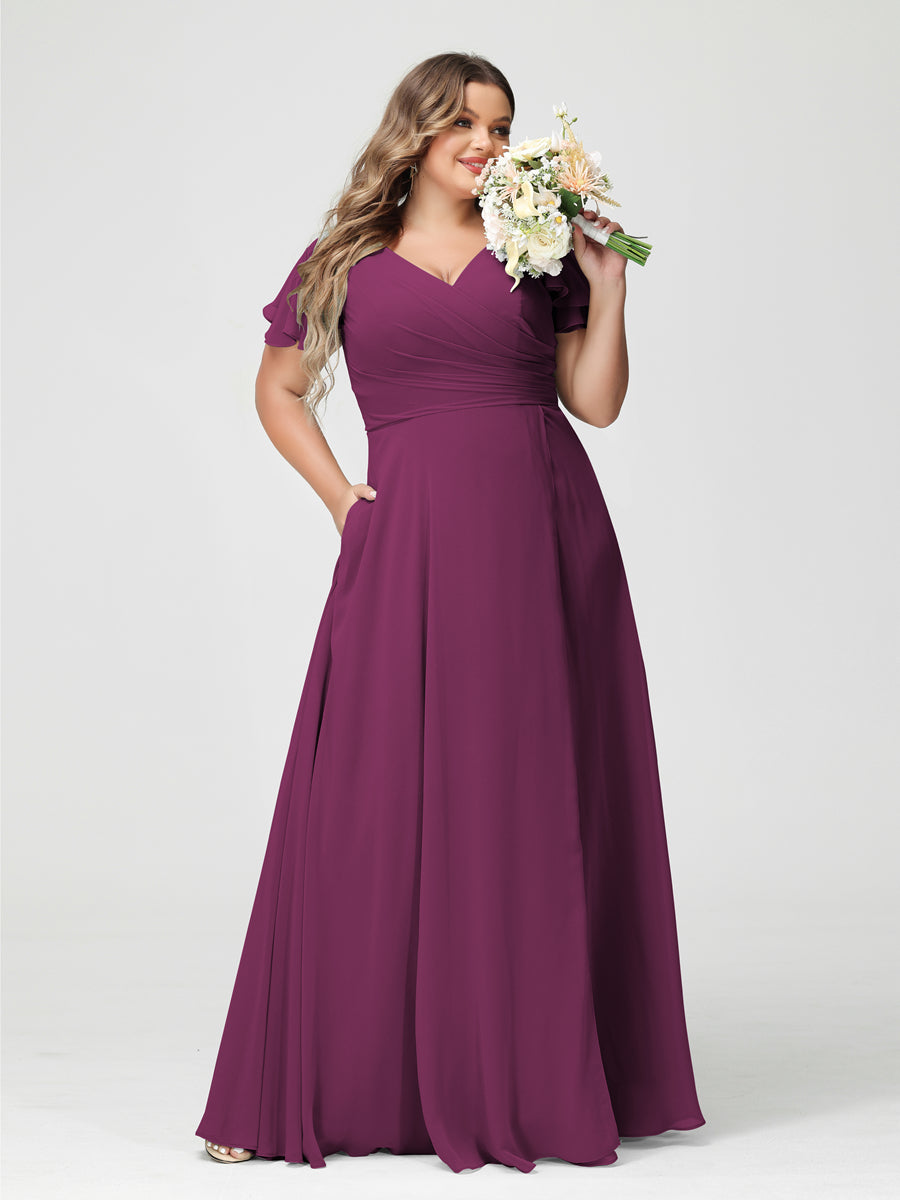 Plus Size Chiffon Bridesmaid Dress with Pockets and Side Split - A-Line Princess V-Neck Short Sleeves-BMbridal.UK