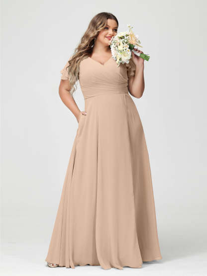 Plus Size Chiffon Bridesmaid Dress with Pockets and Side Split - A-Line Princess V-Neck Short Sleeves-BMbridal.UK