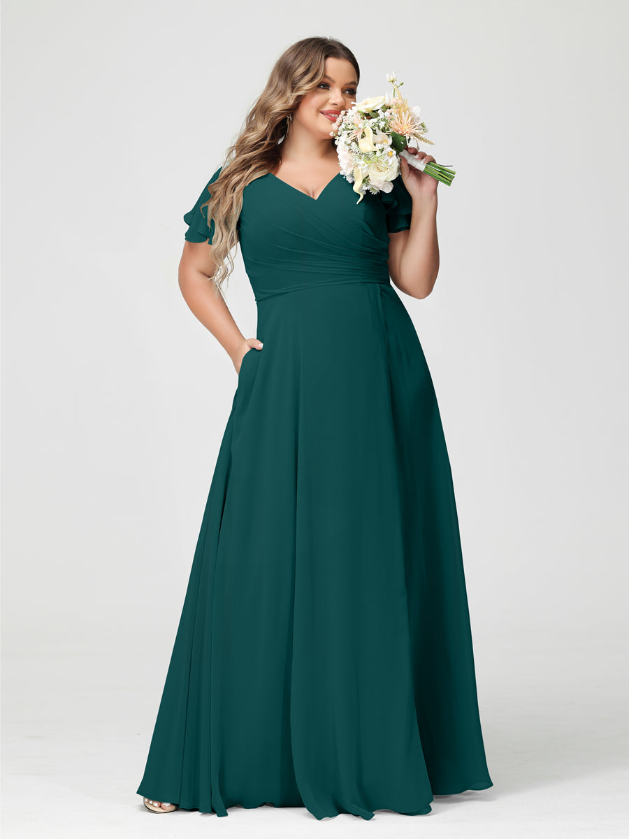 Plus Size Chiffon Bridesmaid Dress with Pockets and Side Split - A-Line Princess V-Neck Short Sleeves-BMbridal.UK
