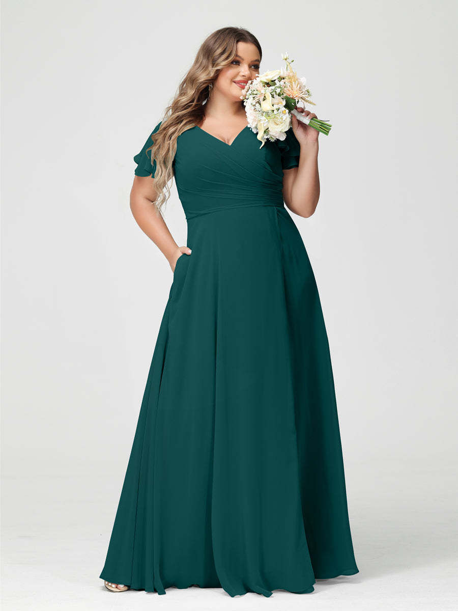 Plus Size Chiffon Bridesmaid Dress with Pockets and Side Split - A-Line Princess V-Neck Short Sleeves-BMbridal.UK