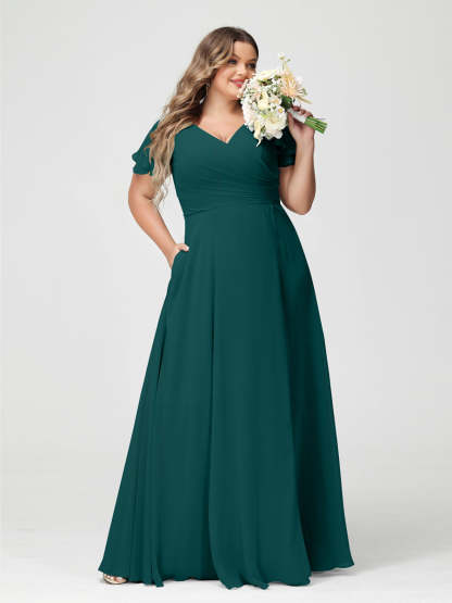 Plus Size Chiffon Bridesmaid Dress with Pockets and Side Split - A-Line Princess V-Neck Short Sleeves-BMbridal.UK
