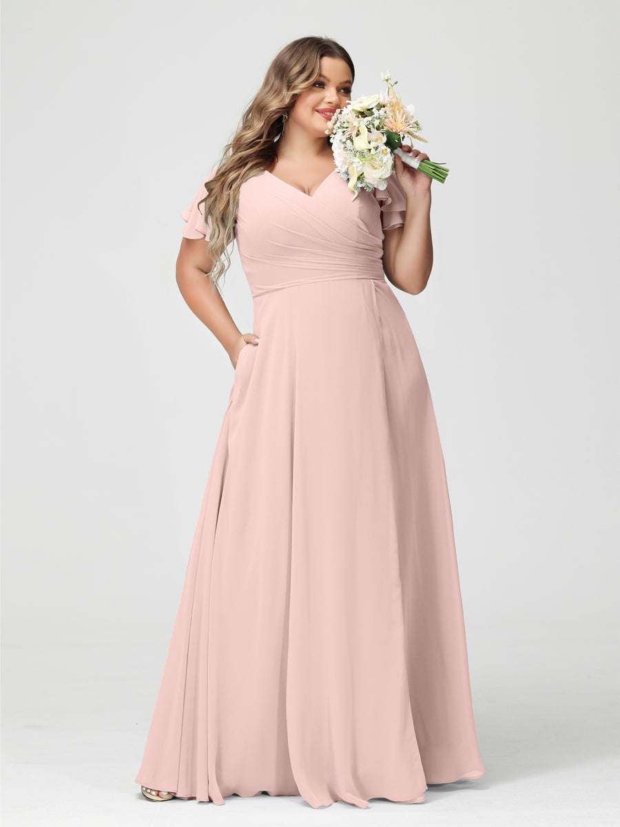 Plus Size Chiffon Bridesmaid Dress with Pockets and Side Split - A-Line Princess V-Neck Short Sleeves-BMbridal.UK
