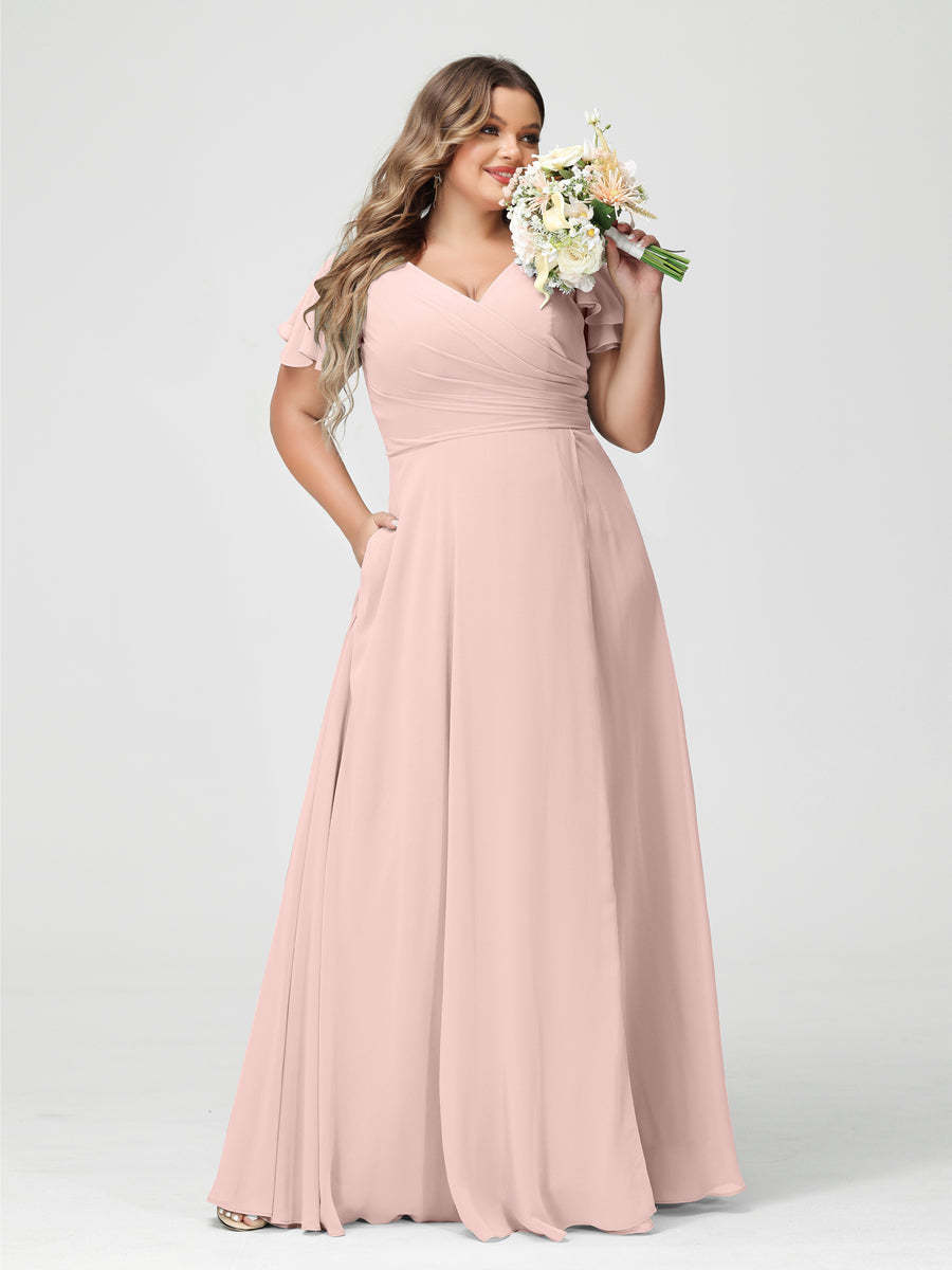 Plus Size Chiffon Bridesmaid Dress with Pockets and Side Split - A-Line Princess V-Neck Short Sleeves-BMbridal.UK