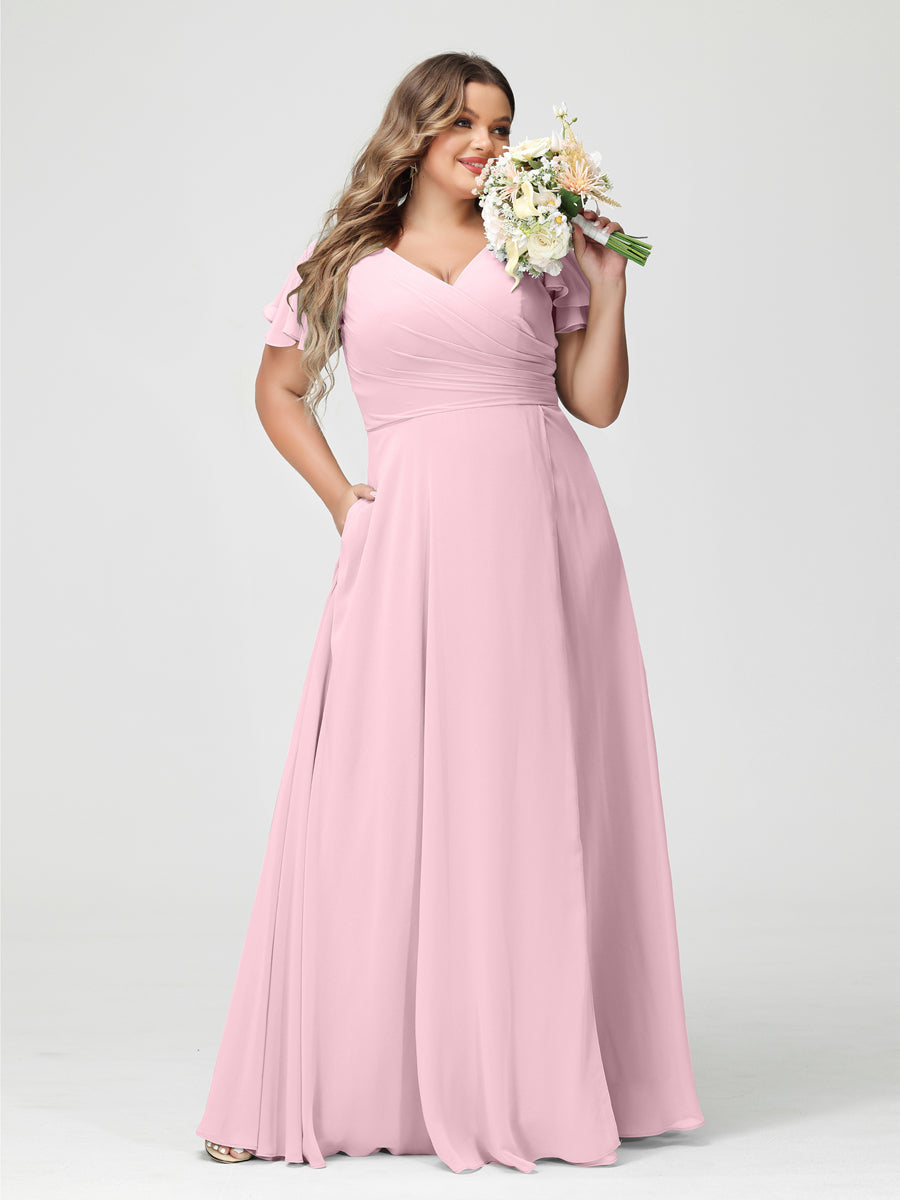 Plus Size Chiffon Bridesmaid Dress with Pockets and Side Split - A-Line Princess V-Neck Short Sleeves-BMbridal.UK