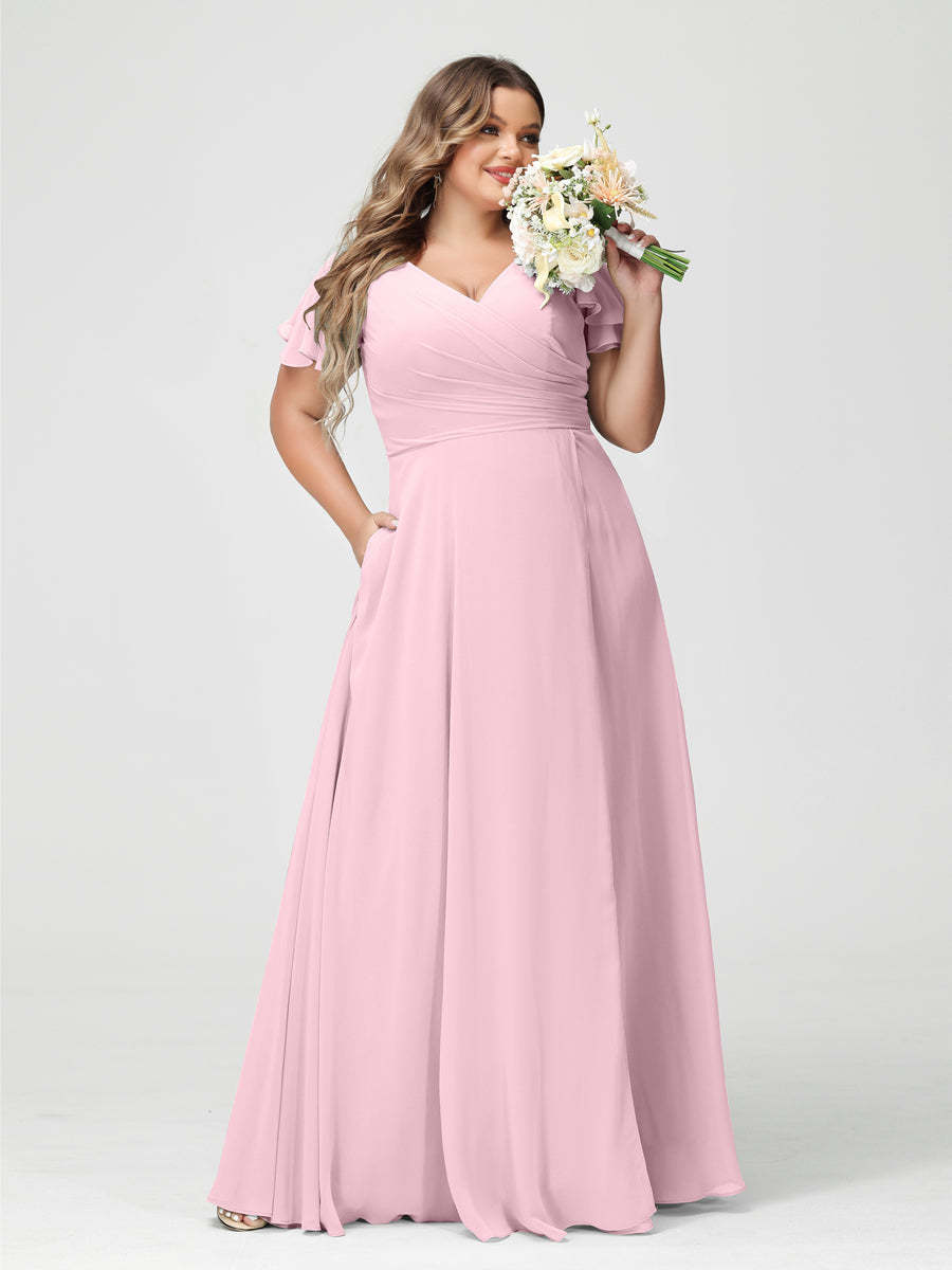 Plus Size Chiffon Bridesmaid Dress with Pockets and Side Split - A-Line Princess V-Neck Short Sleeves-BMbridal.UK