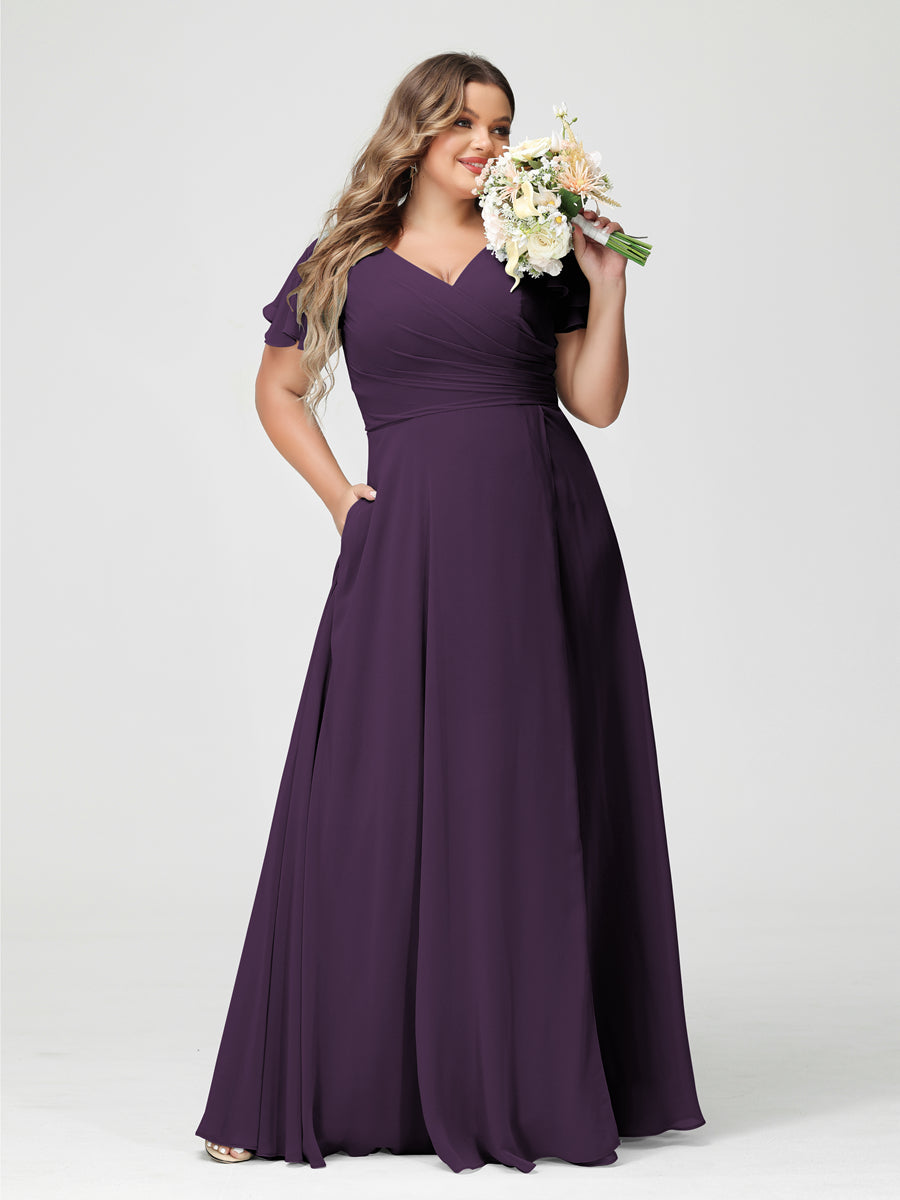 Plus Size Chiffon Bridesmaid Dress with Pockets and Side Split - A-Line Princess V-Neck Short Sleeves-BMbridal.UK