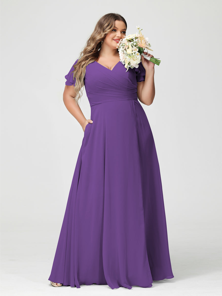 Plus Size Chiffon Bridesmaid Dress with Pockets and Side Split - A-Line Princess V-Neck Short Sleeves-BMbridal.UK