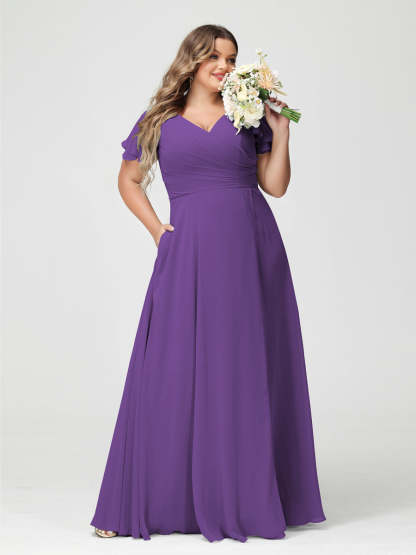 Plus Size Chiffon Bridesmaid Dress with Pockets and Side Split - A-Line Princess V-Neck Short Sleeves-BMbridal.UK