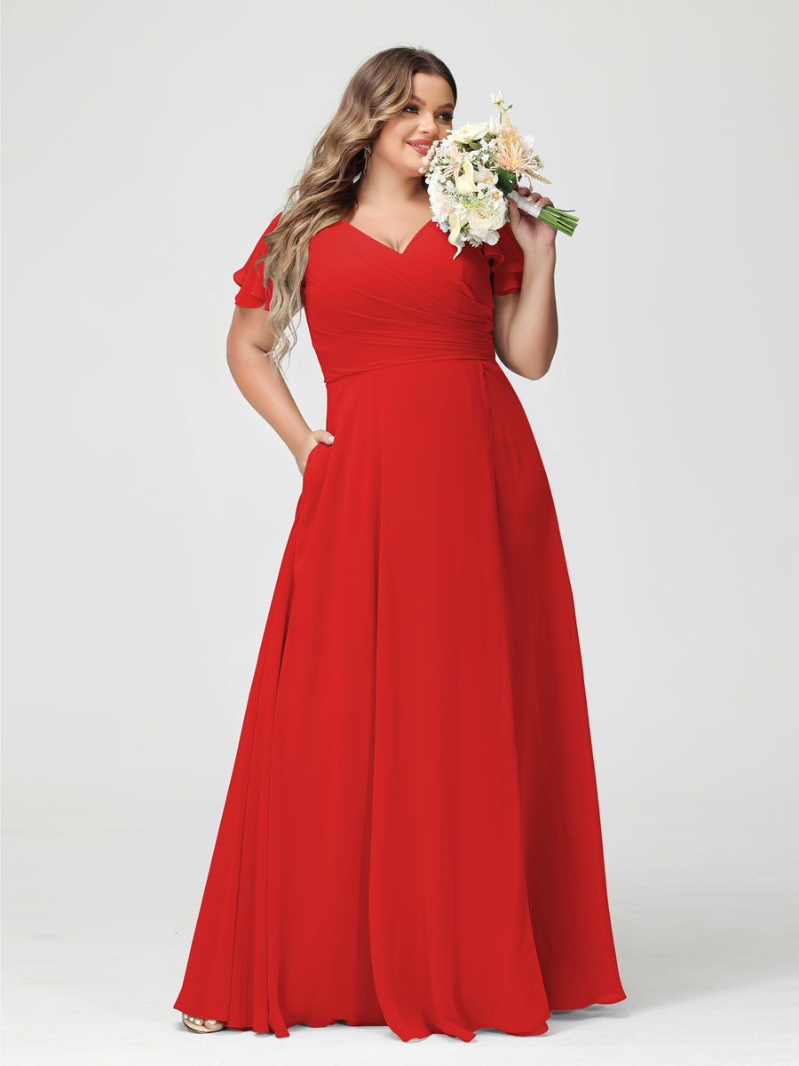 Plus Size Chiffon Bridesmaid Dress with Pockets and Side Split - A-Line Princess V-Neck Short Sleeves-BMbridal.UK