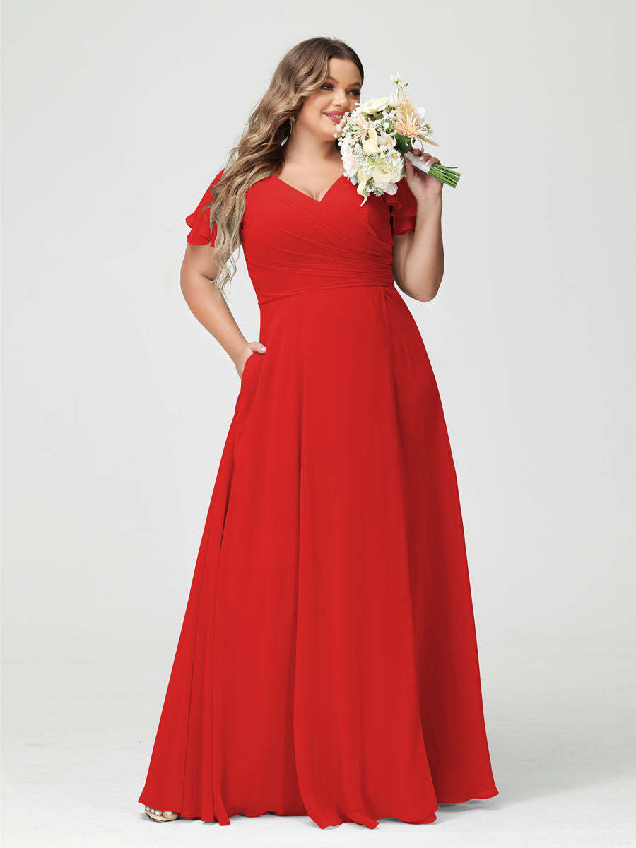 Plus Size Chiffon Bridesmaid Dress with Pockets and Side Split - A-Line Princess V-Neck Short Sleeves-BMbridal.UK