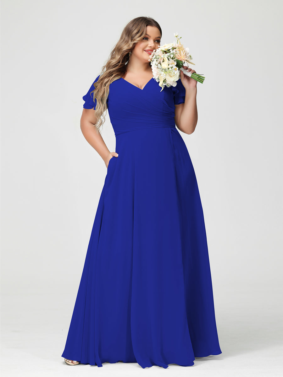 Plus Size Chiffon Bridesmaid Dress with Pockets and Side Split - A-Line Princess V-Neck Short Sleeves-BMbridal.UK