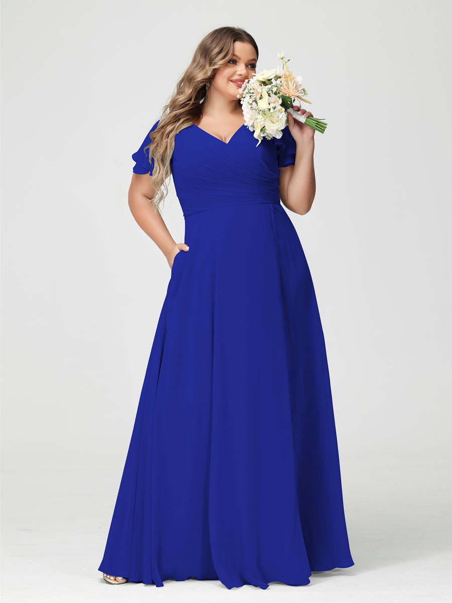 Plus Size Chiffon Bridesmaid Dress with Pockets and Side Split - A-Line Princess V-Neck Short Sleeves-BMbridal.UK