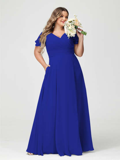Plus Size Chiffon Bridesmaid Dress with Pockets and Side Split - A-Line Princess V-Neck Short Sleeves-BMbridal.UK