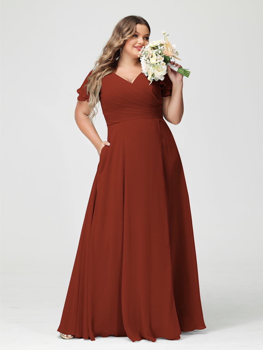 Plus Size Chiffon Bridesmaid Dress with Pockets and Side Split - A-Line Princess V-Neck Short Sleeves-BMbridal.UK