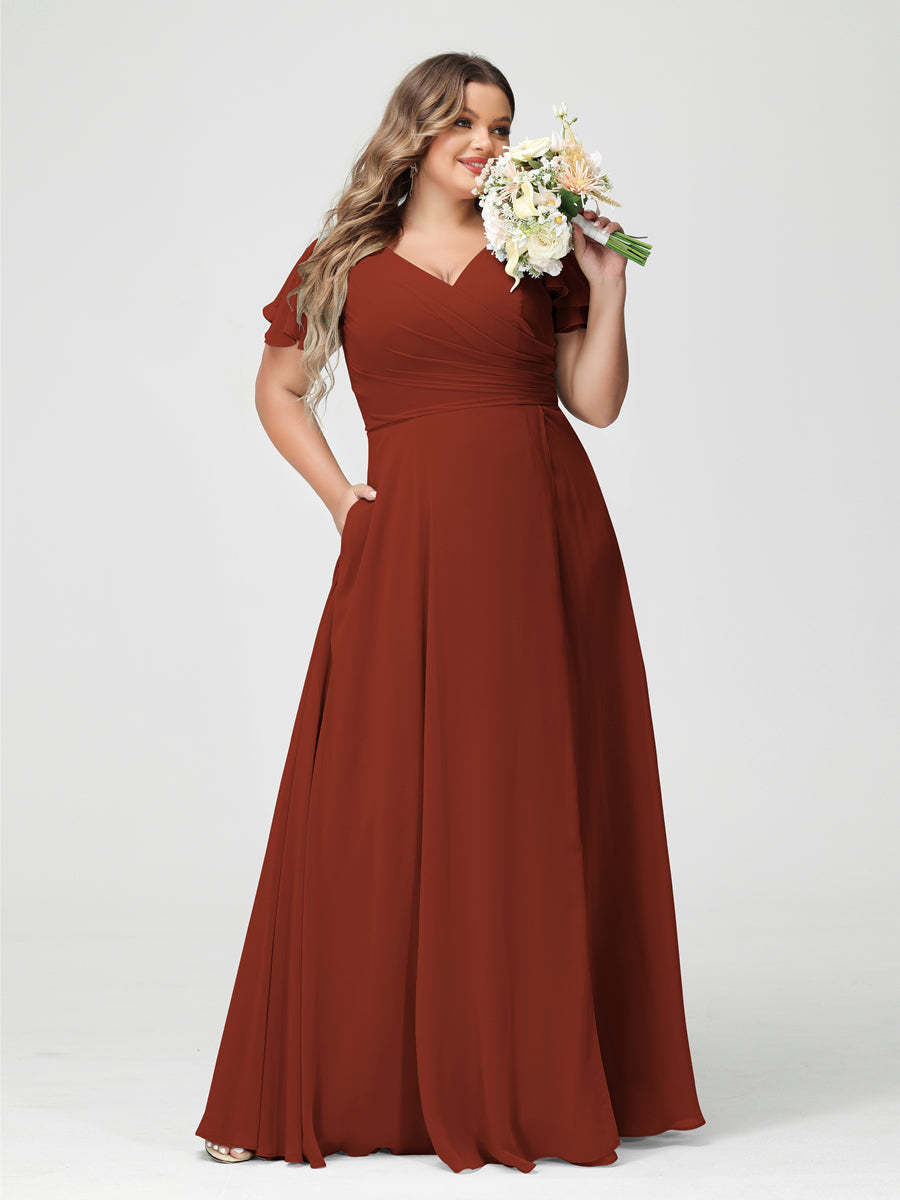 Plus Size Chiffon Bridesmaid Dress with Pockets and Side Split - A-Line Princess V-Neck Short Sleeves-BMbridal.UK