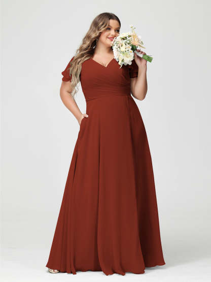 Plus Size Chiffon Bridesmaid Dress with Pockets and Side Split - A-Line Princess V-Neck Short Sleeves-BMbridal.UK