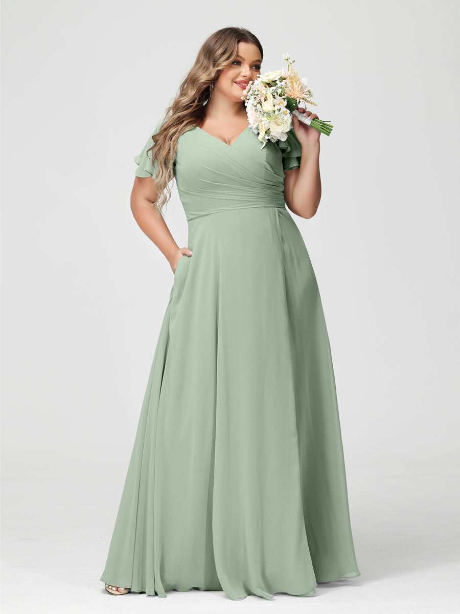 Plus Size Chiffon Bridesmaid Dress with Pockets and Side Split - A-Line Princess V-Neck Short Sleeves-BMbridal.UK