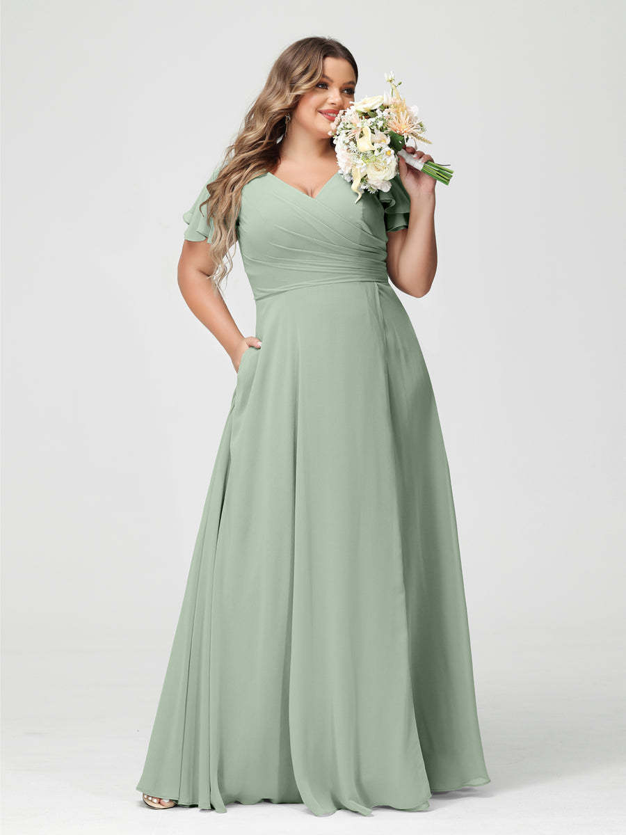 Plus Size Chiffon Bridesmaid Dress with Pockets and Side Split - A-Line Princess V-Neck Short Sleeves-BMbridal.UK