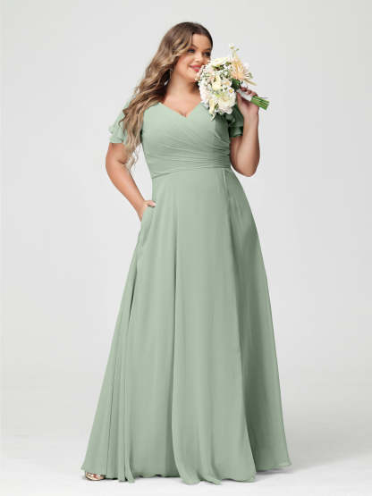 Plus Size Chiffon Bridesmaid Dress with Pockets and Side Split - A-Line Princess V-Neck Short Sleeves-BMbridal.UK