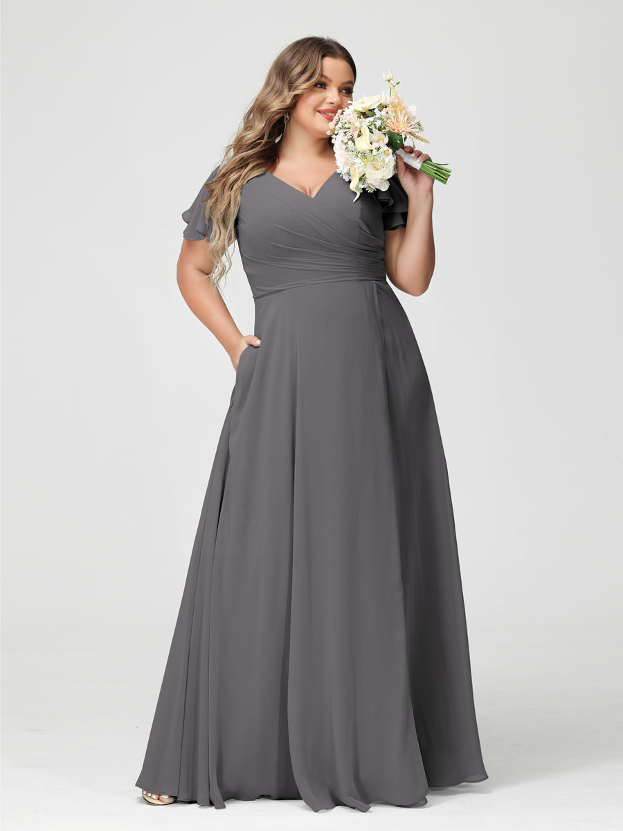 Plus Size Chiffon Bridesmaid Dress with Pockets and Side Split - A-Line Princess V-Neck Short Sleeves-BMbridal.UK