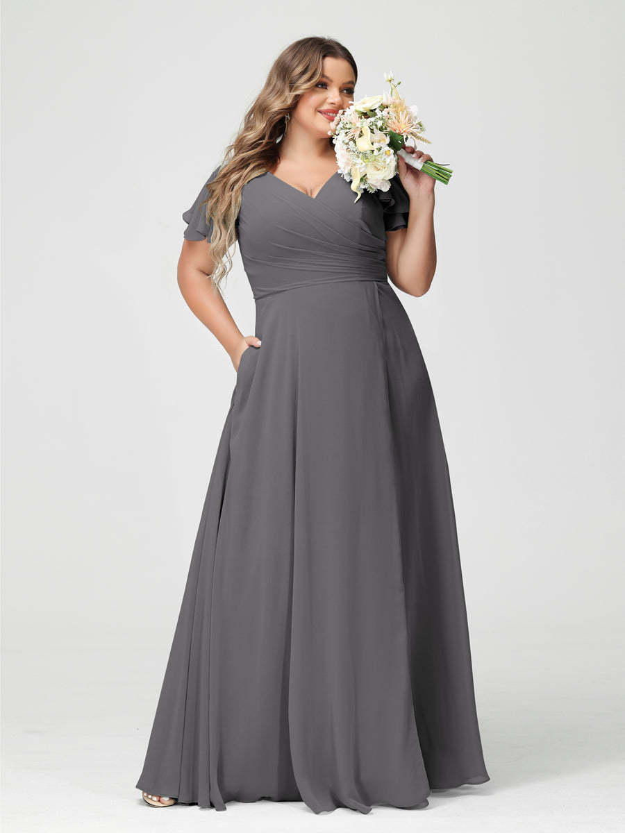 Plus Size Chiffon Bridesmaid Dress with Pockets and Side Split - A-Line Princess V-Neck Short Sleeves-BMbridal.UK