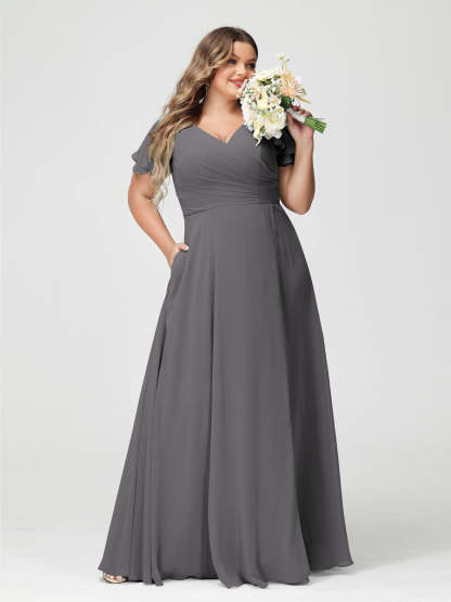 Plus Size Chiffon Bridesmaid Dress with Pockets and Side Split - A-Line Princess V-Neck Short Sleeves-BMbridal.UK