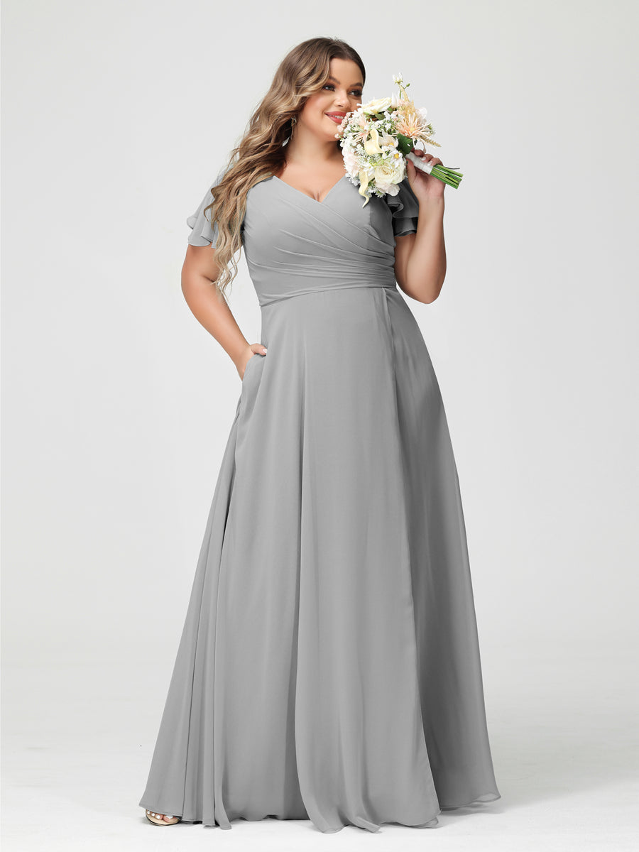 Plus Size Chiffon Bridesmaid Dress with Pockets and Side Split - A-Line Princess V-Neck Short Sleeves-BMbridal.UK