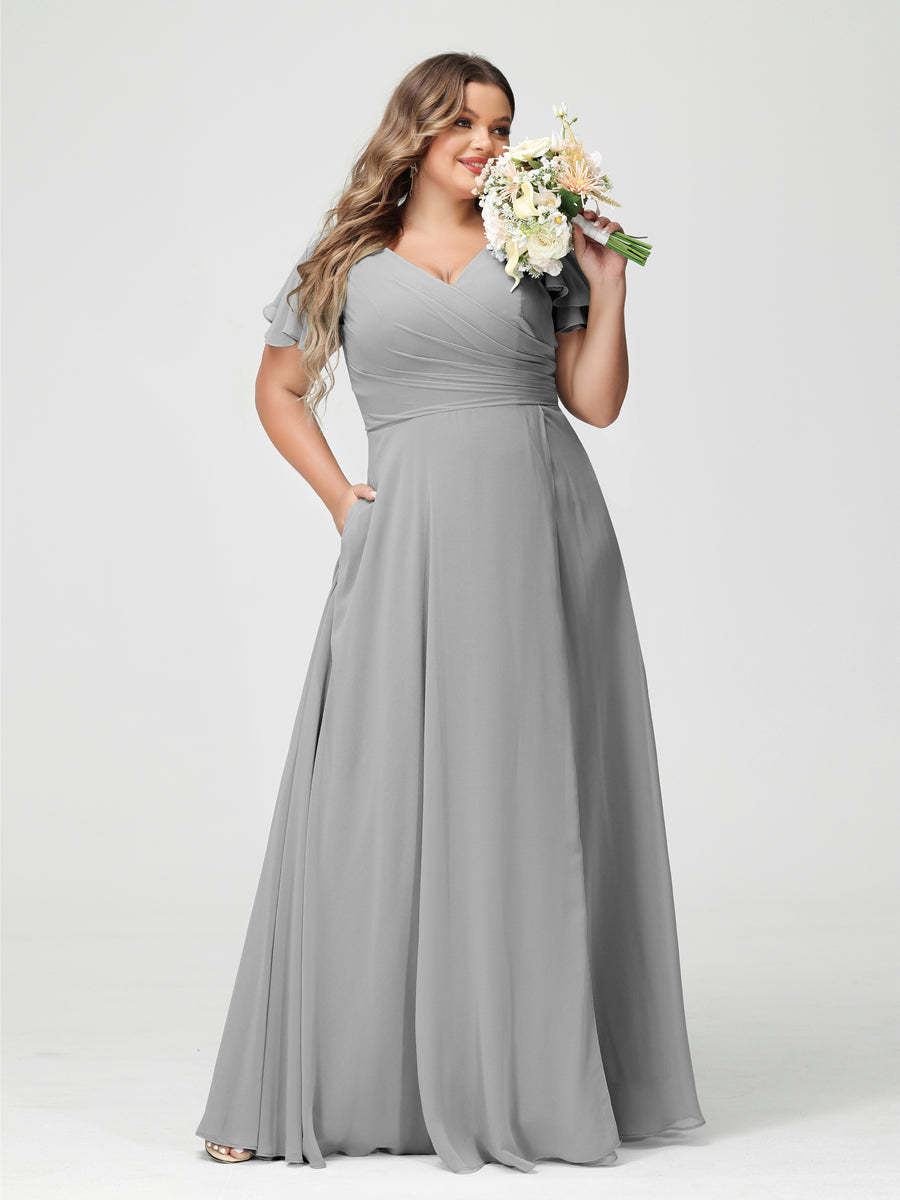 Plus Size Chiffon Bridesmaid Dress with Pockets and Side Split - A-Line Princess V-Neck Short Sleeves-BMbridal.UK