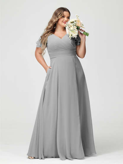 Plus Size Chiffon Bridesmaid Dress with Pockets and Side Split - A-Line Princess V-Neck Short Sleeves-BMbridal.UK