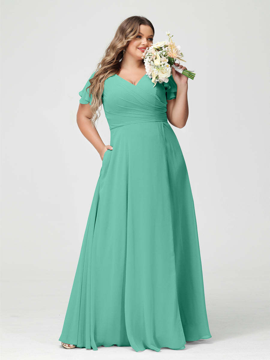 Plus Size Chiffon Bridesmaid Dress with Pockets and Side Split - A-Line Princess V-Neck Short Sleeves-BMbridal.UK