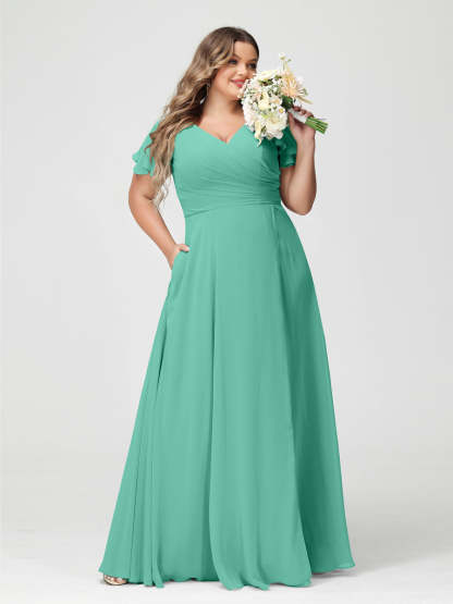 Plus Size Chiffon Bridesmaid Dress with Pockets and Side Split - A-Line Princess V-Neck Short Sleeves-BMbridal.UK
