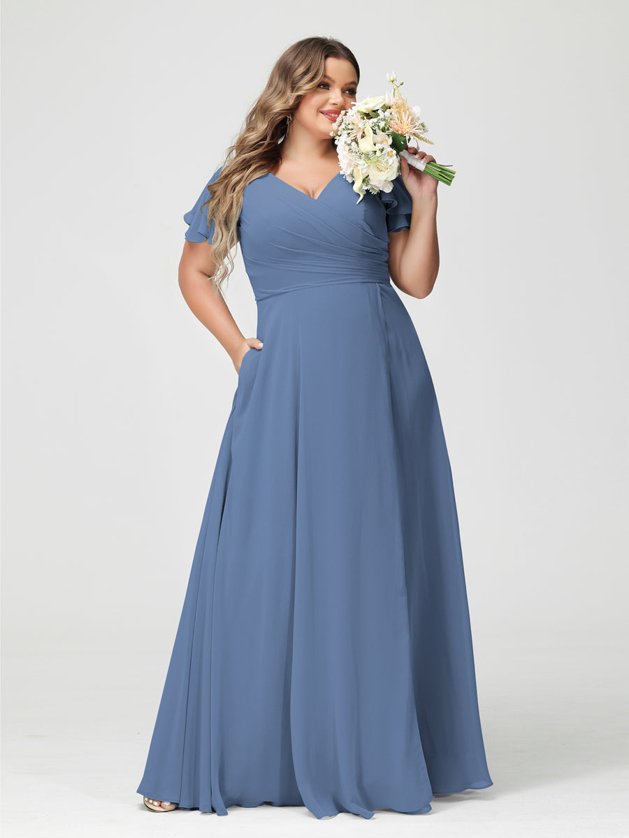 Plus Size Chiffon Bridesmaid Dress with Pockets and Side Split - A-Line Princess V-Neck Short Sleeves-BMbridal.UK