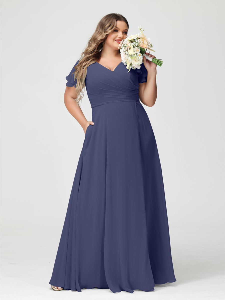 Plus Size Chiffon Bridesmaid Dress with Pockets and Side Split - A-Line Princess V-Neck Short Sleeves-BMbridal.UK